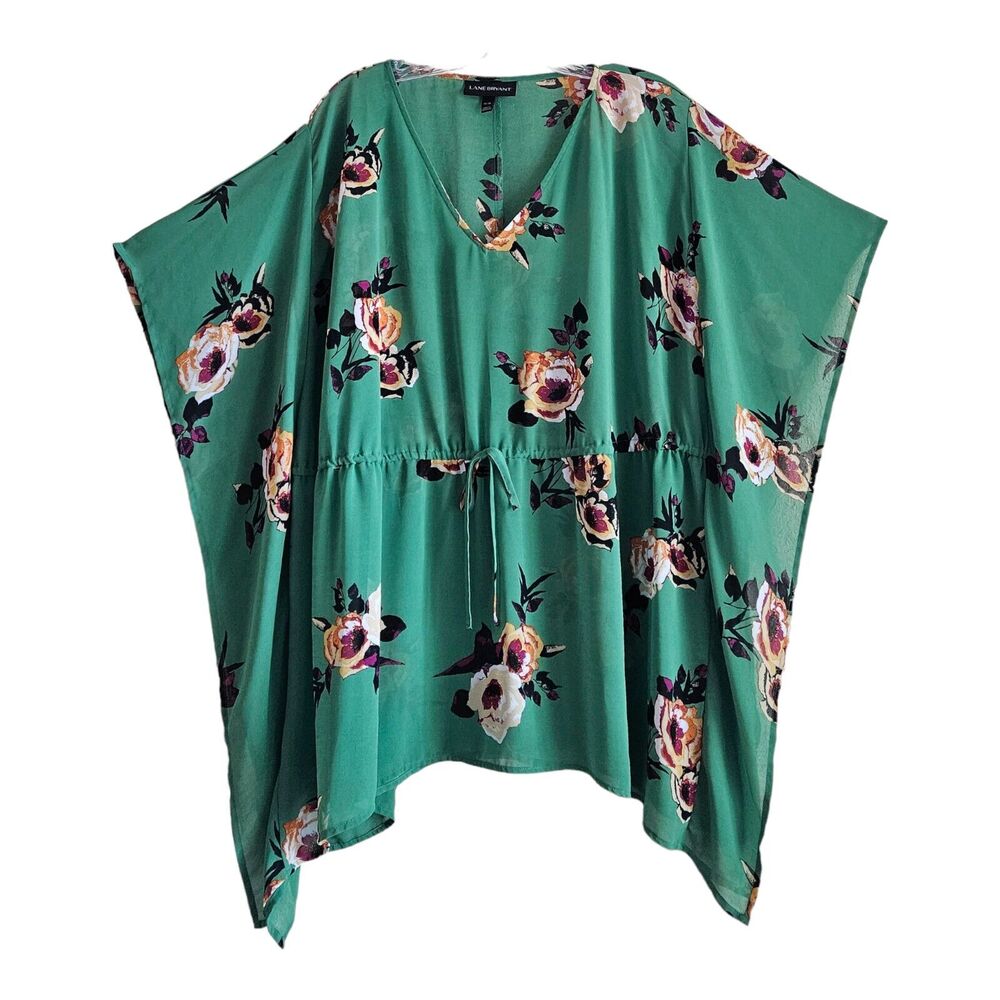 LANE BRYANT 14 16 Tunic Top Emerald Green Floral Semi Sheer Drawstring Waist